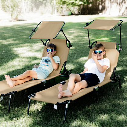 2 Piece Folding Sun Loungers with Canopy, Adjustable Recliner Garden Chairs with Side Pocket