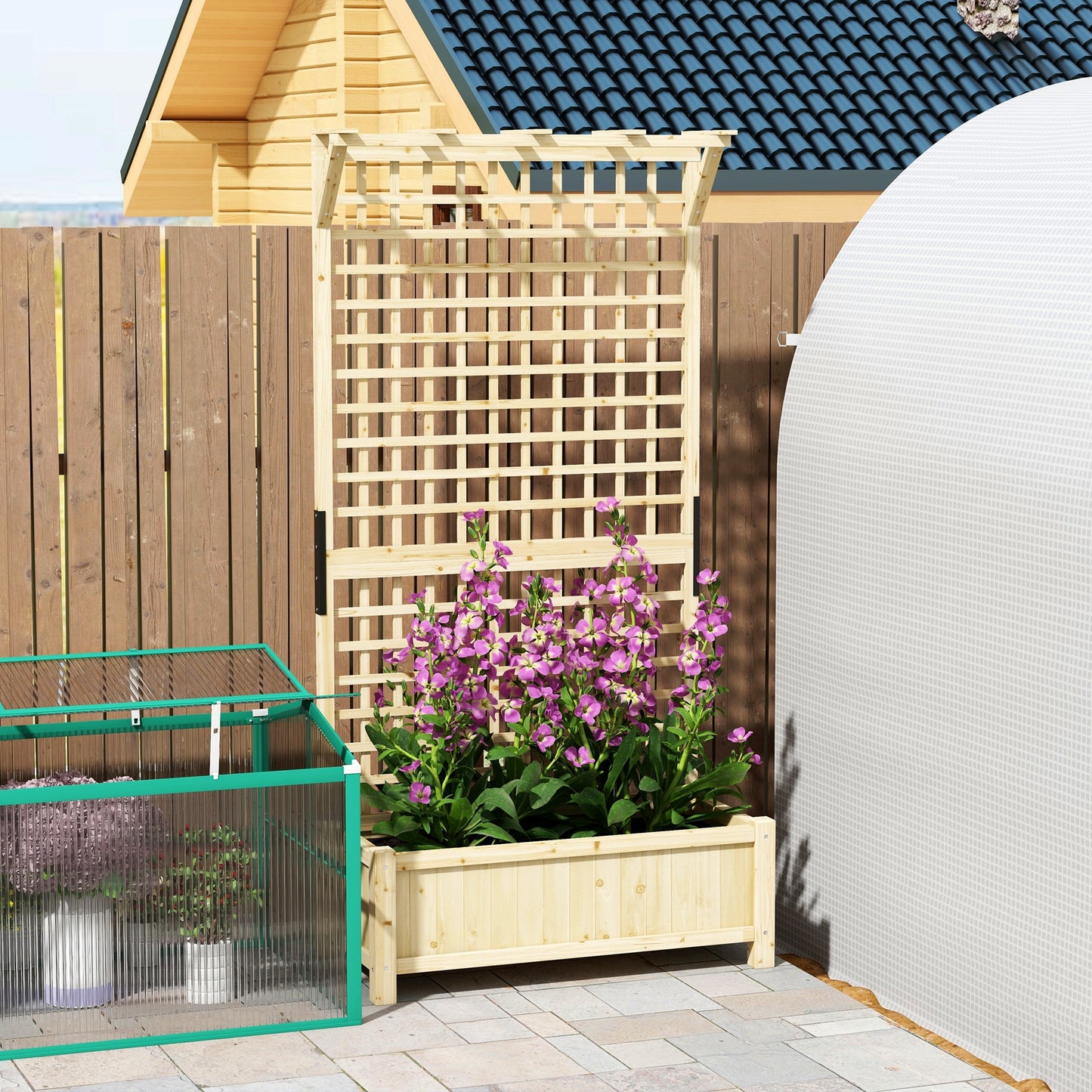 Raised Bed & Privacy Screen with Drainage Holes, Wood Planter with Trellis for Climbing Plants to Grow Vegetables, Flowers