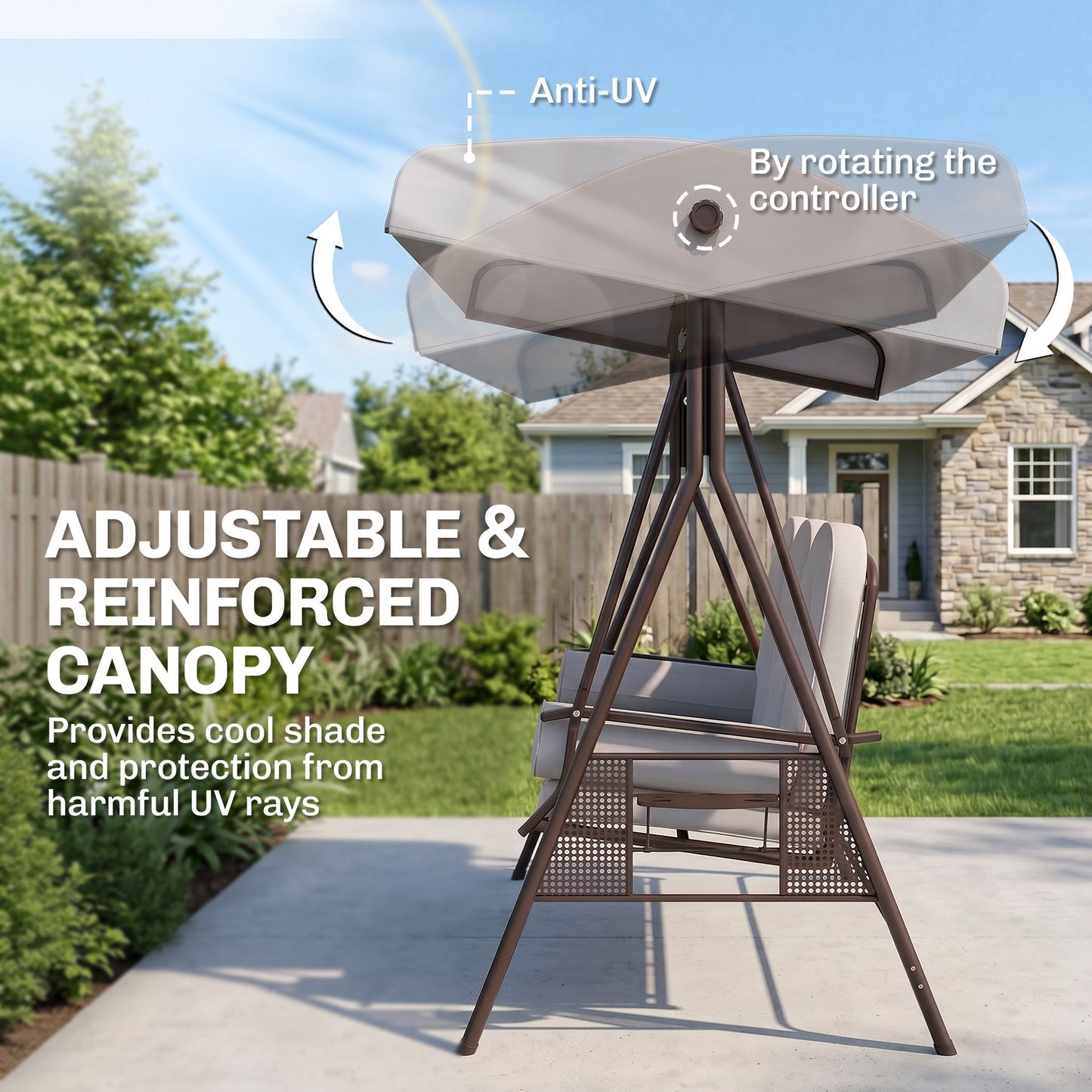 3 Seater Canopy Swing Chair, Outdoor Garden Swing Seat with Adjustable Canopy, Cushions and Cup Trays, Steel Frame