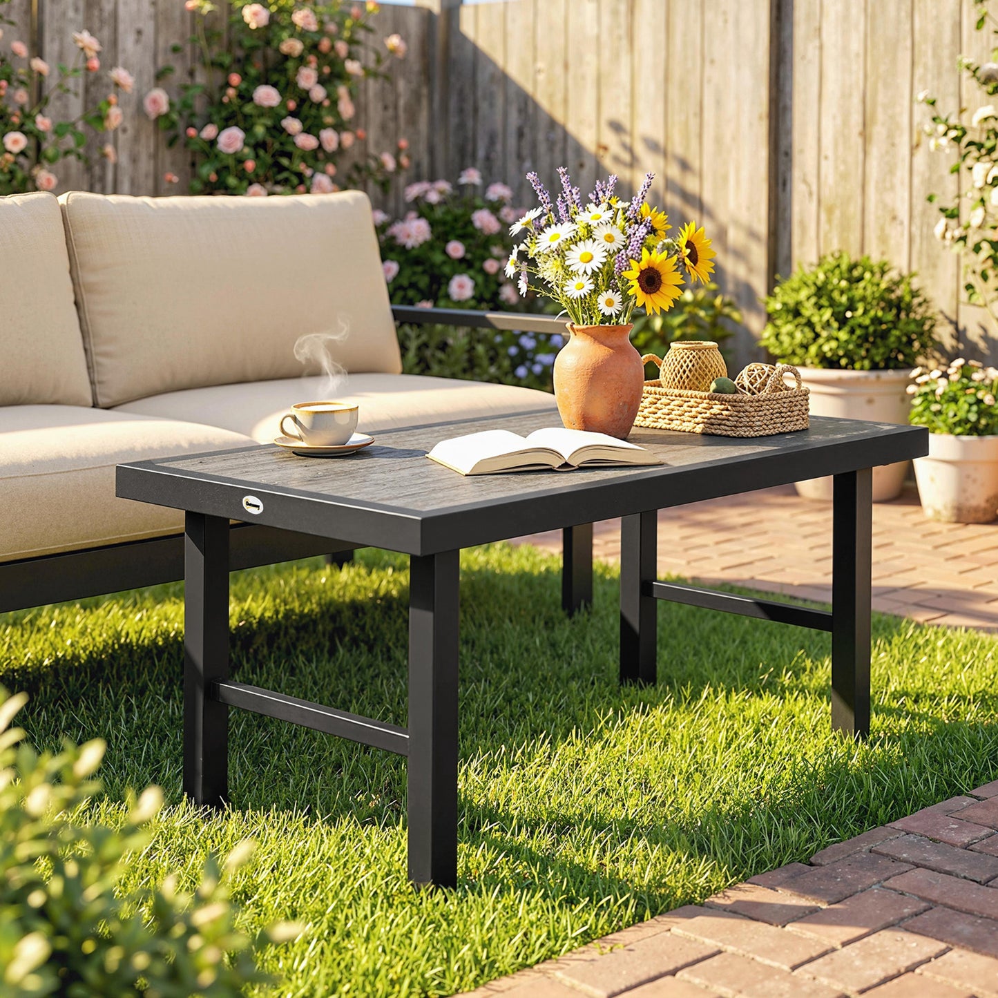 Metal Garden Coffee Table, Outdoor Side Table with SPC Woodgrain Tabletop for Outside, 100 x 52 x 46cm, Dark Grey