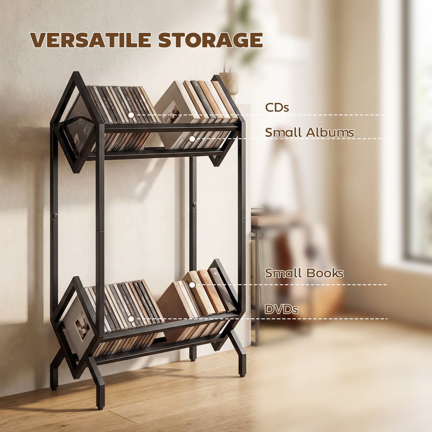 50 CD Storage Rack, 2-Tier Metal CD Storage Unit, Free Standing, Easy to Assemble, Black