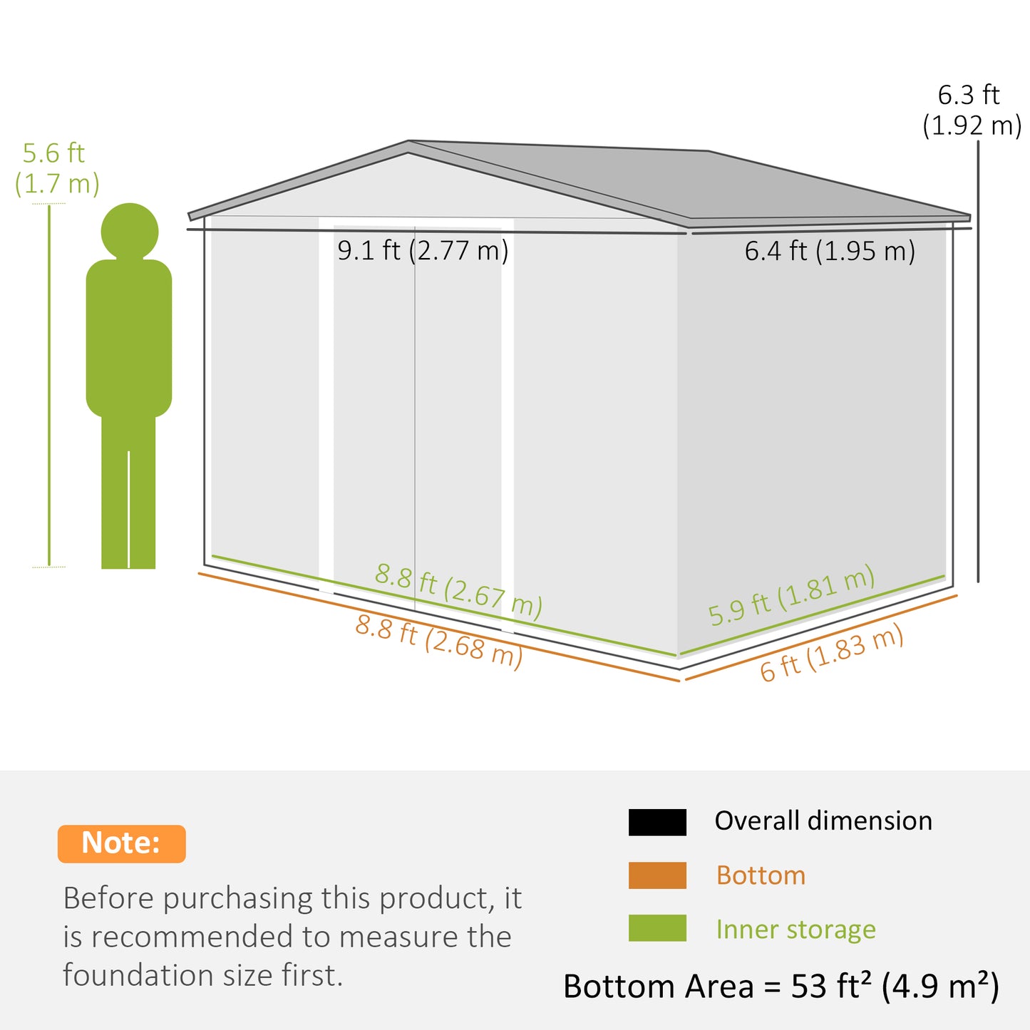 9 x 6ft Metal Garden Shed, Outdoor Storage Tool House with Ventilation Slots, Foundation Kit and Lockable Double Doors