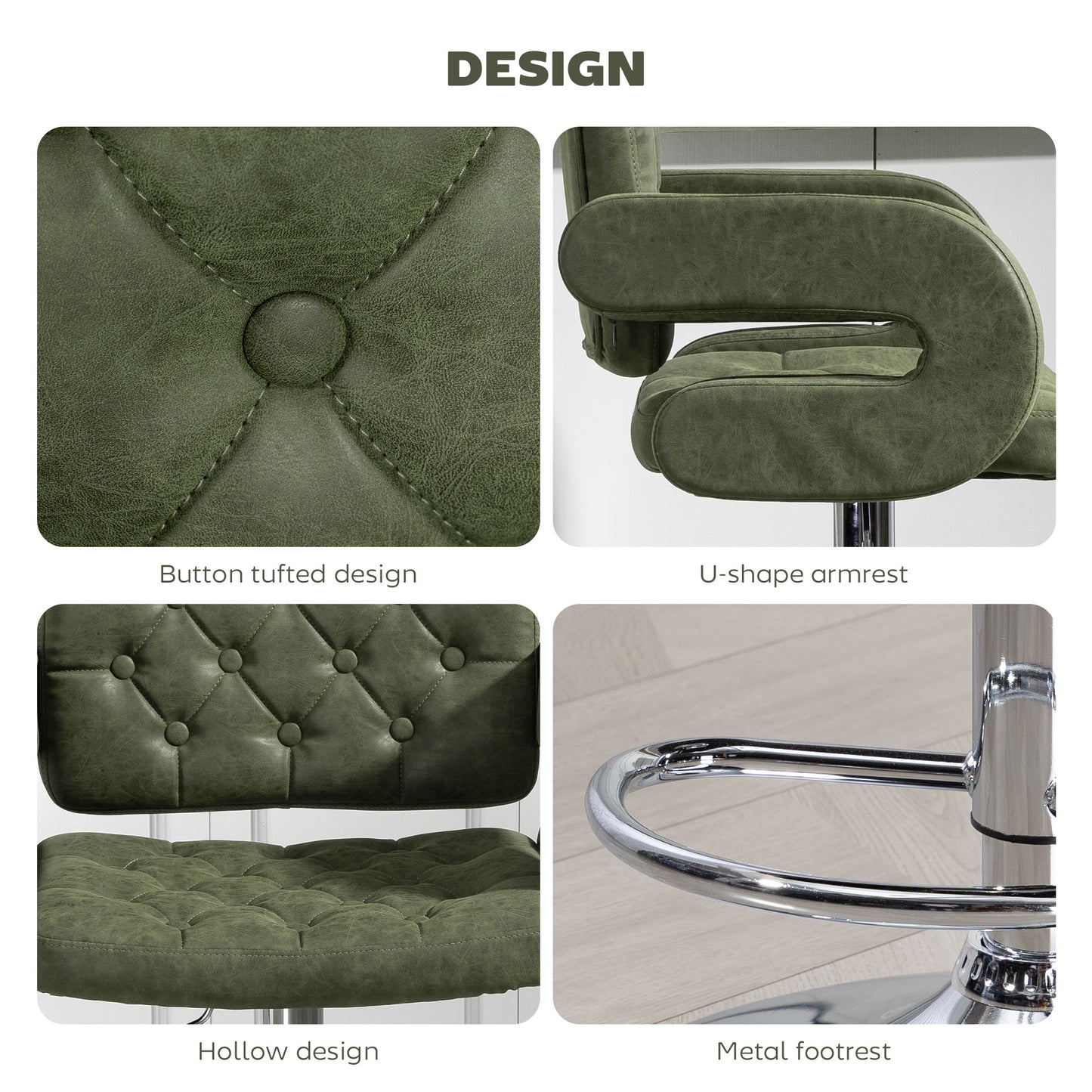 PU Leather Upholstered Swivel Bar Stool, Height Adjustable with Back, Armrest, Footrest, Green