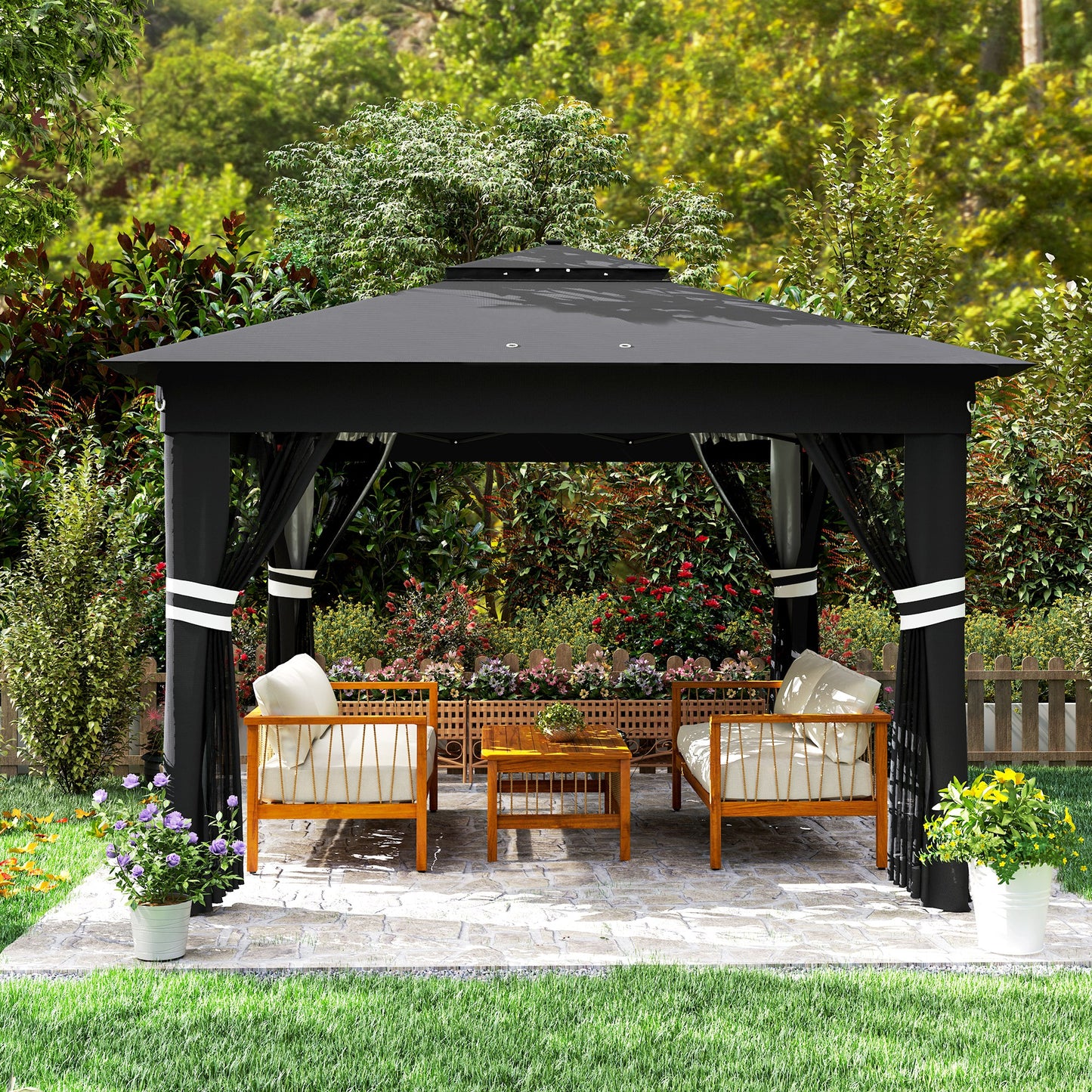3.36 x 3.36m Pop Up Gazebo Party Tent with Solar-Powered LED Lights, Adjustable Event Shelter with Netting, Black