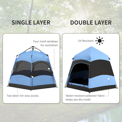 4 Man Hexagon Camping Tent with Hang Hook and Carry Bag - Blue and Black