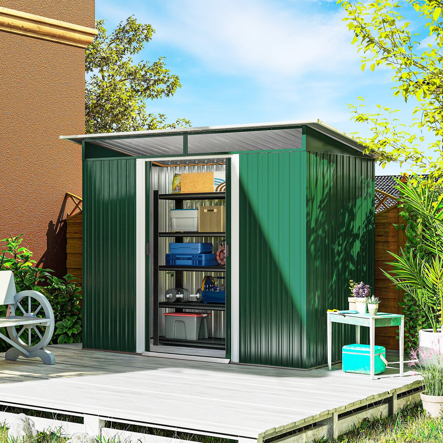 8.5 x 4ft Metal Shed with Lightsky Panels, Garden Storage Tool House with Double Doors for Garden, Patio and Lawn, Green