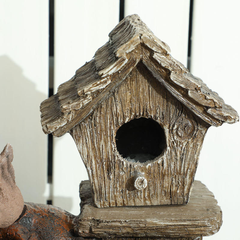 2-in-1 Waterfall Fountain with Birdhouse, Resin Garden Water Fountain with LED Lights Pump