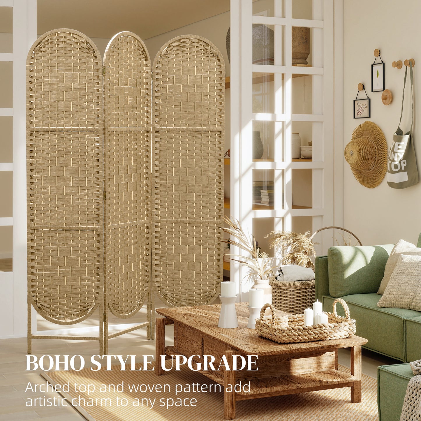 Freestanding Privacy Screen, 3 Panel Folding Room Divider for Living Room, Bedroom and Office, Natural Wood Finish