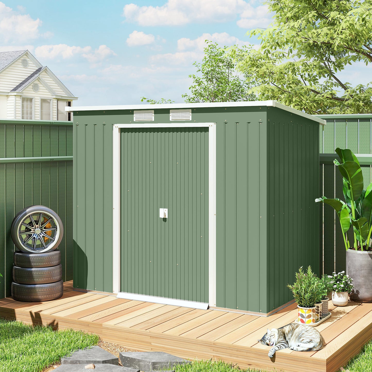 7 x 4ft Galvanised Steel Garden Shed, with Foundation Kit - Green