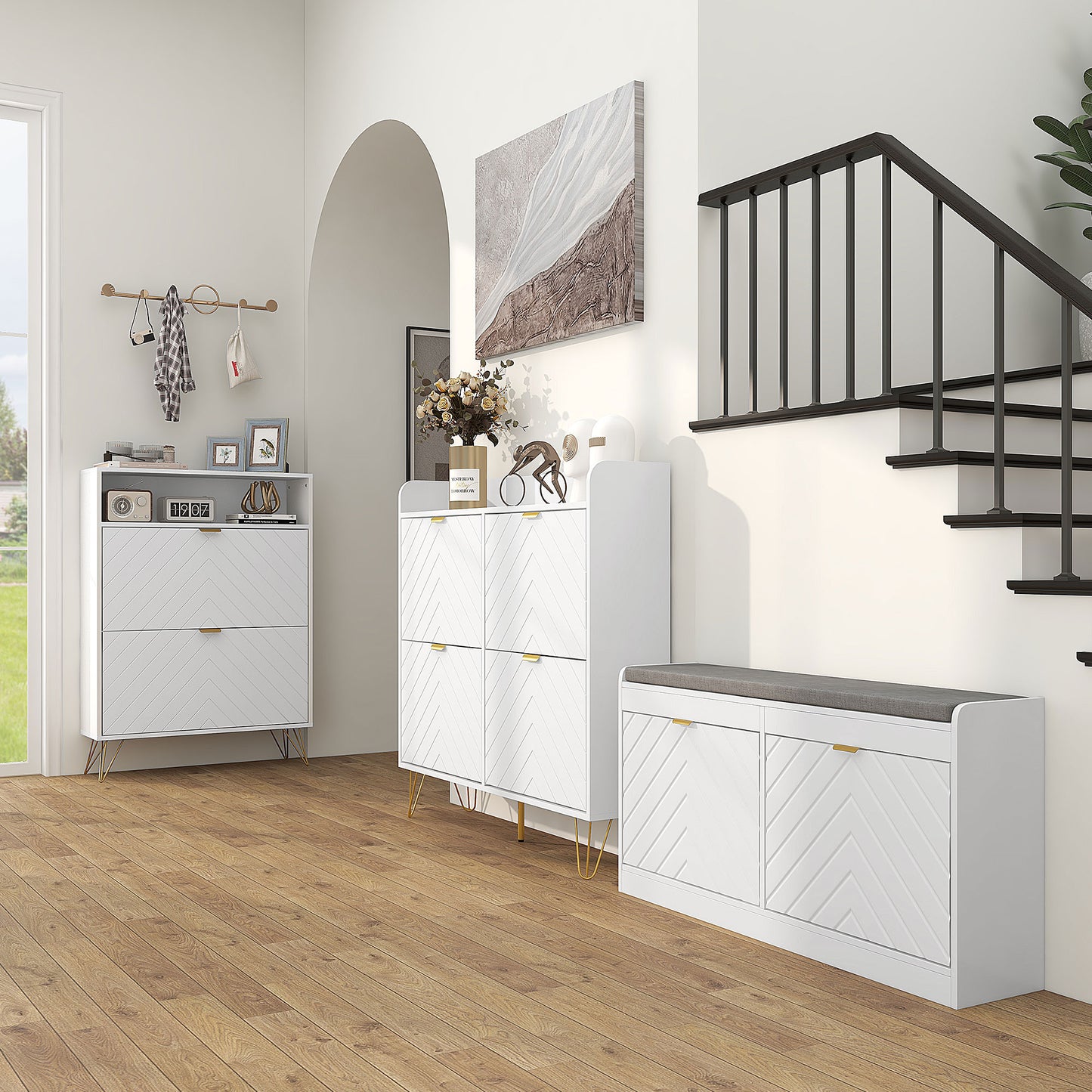 12 Shoe Storage Cabinet with Chevron Indents and Gold Tone Accents - White