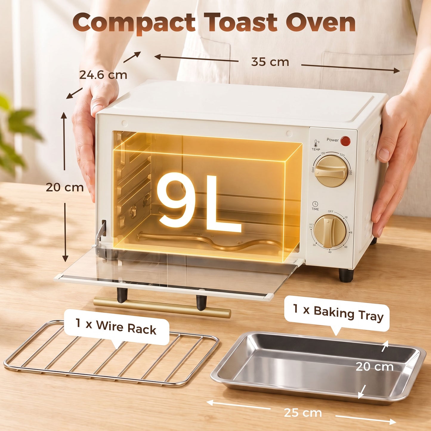 Mini Oven, 9L Countertop Electric Grill, Toaster Oven with Adjustable Temperature and Timer, 750W, White