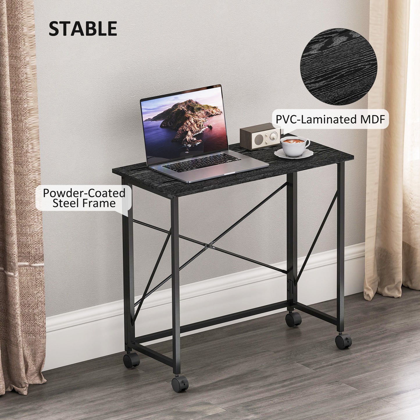 80 cm Folding Desk on Wheels - Black