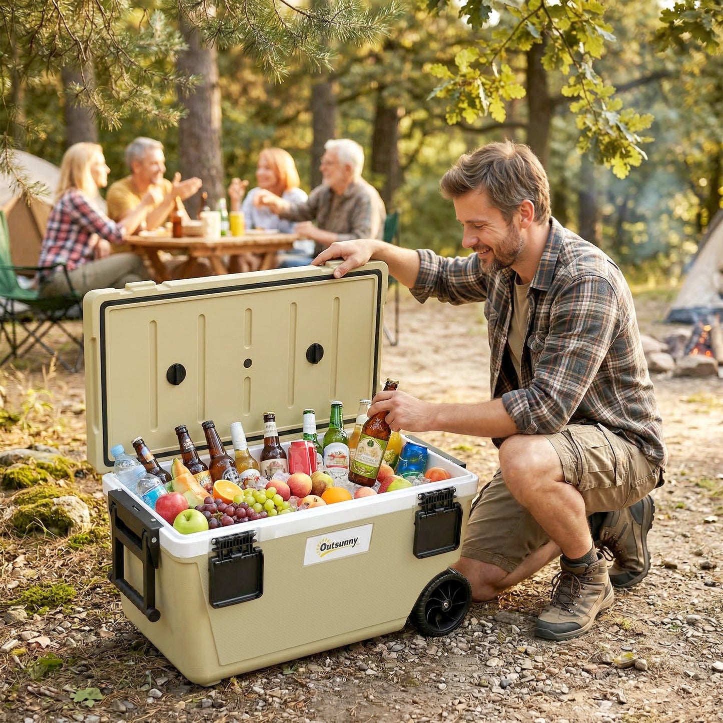 70L Insulated Cool Box with Wheels, Portable Ice Cooler with Handle, Lid and Drain Valve, Khaki