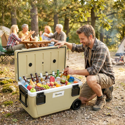 70L Insulated Cool Box with Wheels, Portable Ice Cooler with Handle, Lid and Drain Valve, Khaki