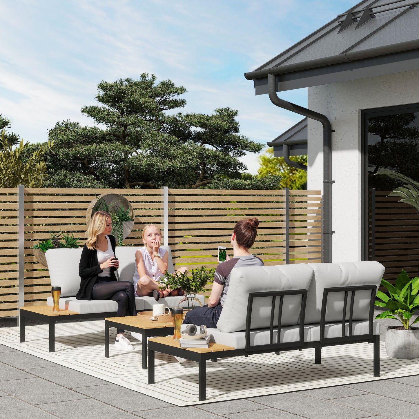Four-Piece Garden Corner Sofa Set with 2 Loveseats and 2 Coffee Tables - Grey