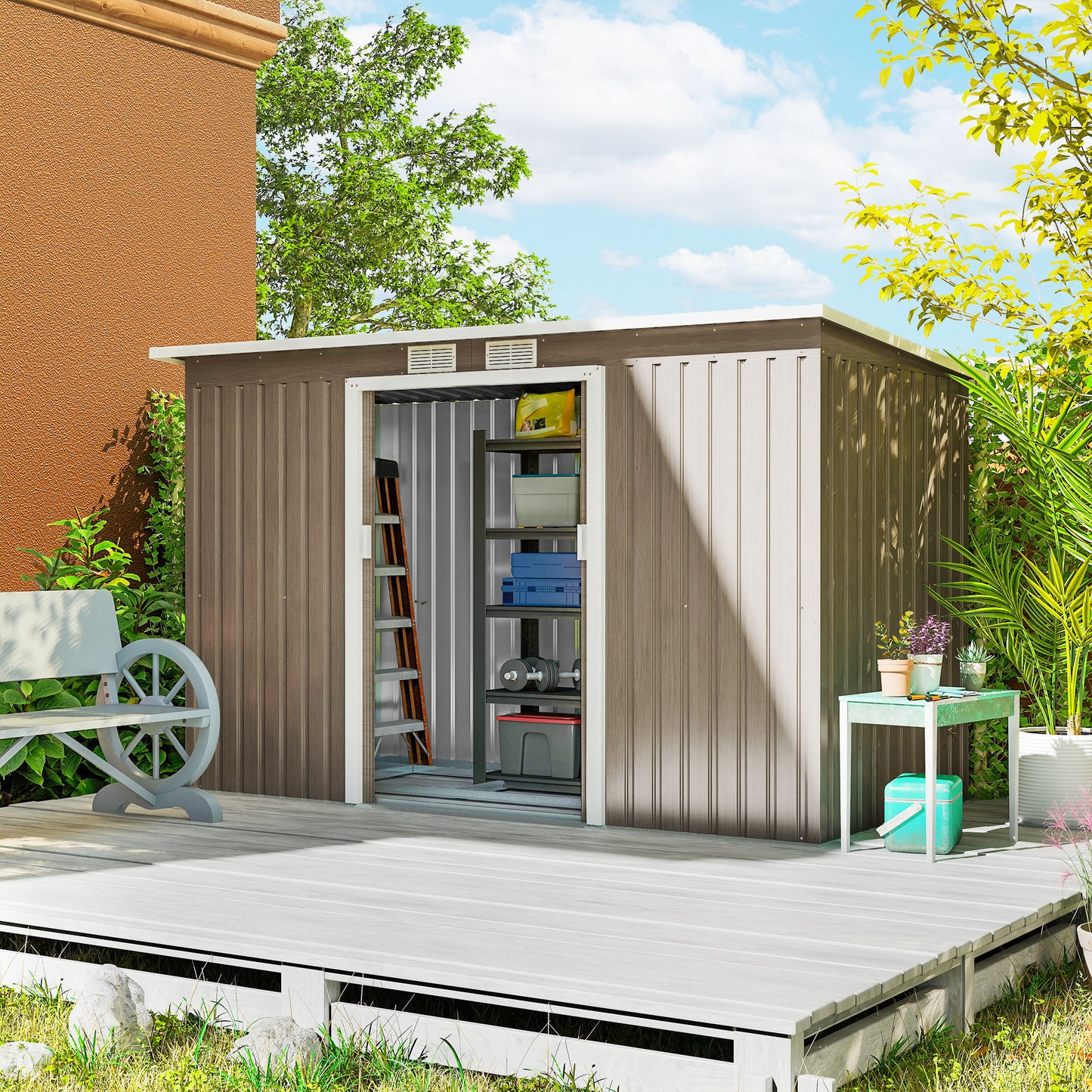 4 x 9ft Metal Shed, with Foundation Shed - Brown