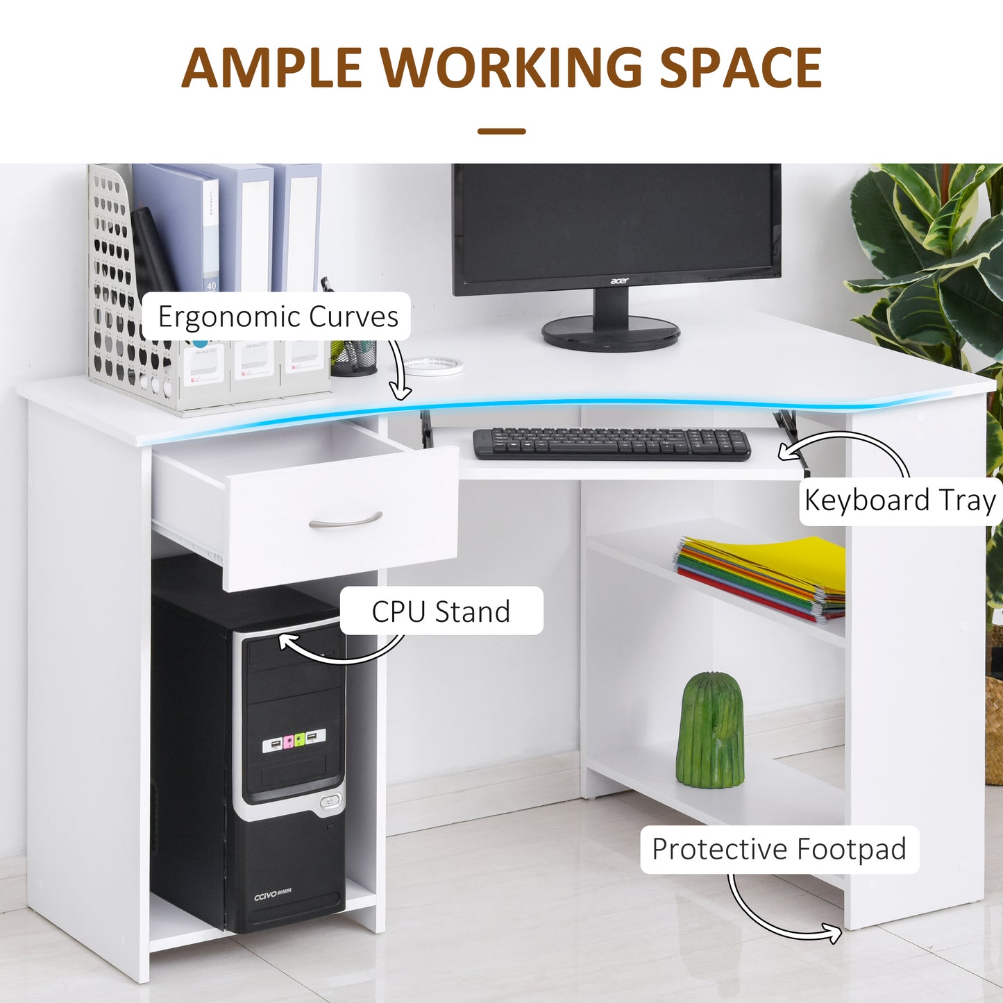 L-Shaped Corner Computer Desk w/ 2 Shelves Wide Worktop Keyboard Tray Drawer & CPU Stand Home Office Study Bedroom Furniture