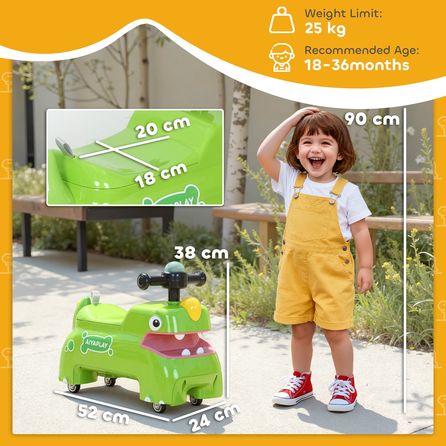 Kids Ride On Car, Dinosaur Foot to Floor Slider with Storage, Toddler Walker with Light, Sounds, Green