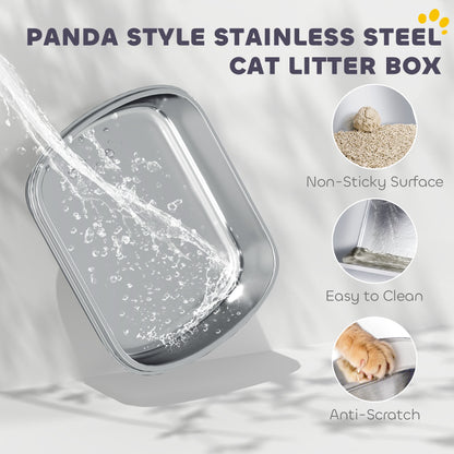 Panda Style XL Stainless Steel Cat Litter Box with Lid, Enclosed Kitty Litter Box with Scoop, 60 x 40 x 45 cm