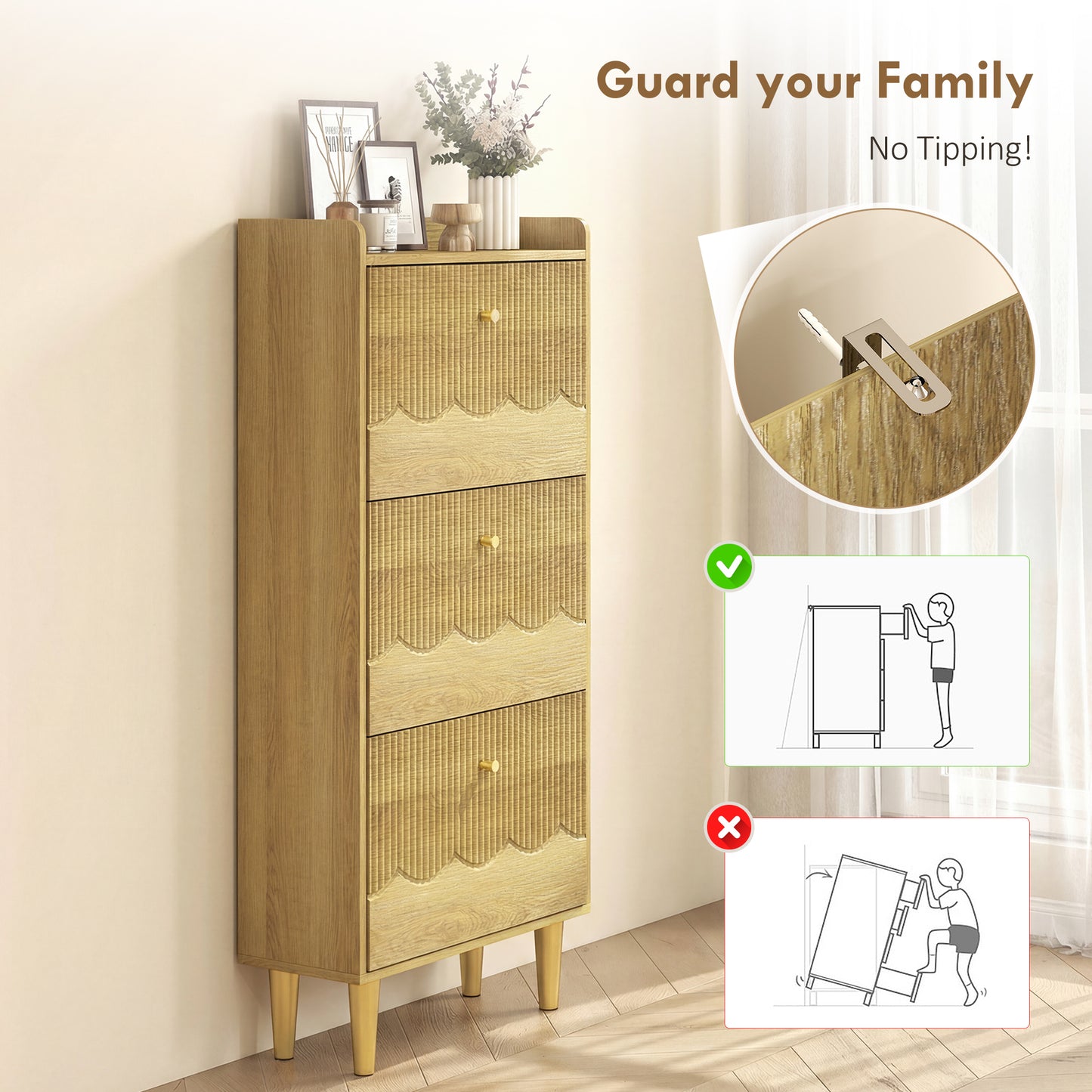 Narrow Shoe Cabinet, Modern Shoe Storage Cabinet with 3 Flip Drawers, Oak