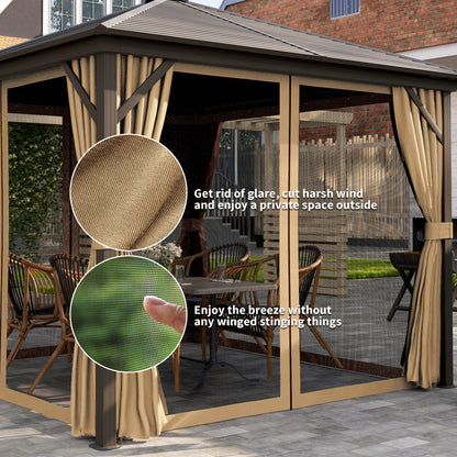 3 x 3(m) Metal Hardtop Gazebo, with Curtains and Accessories - Brown