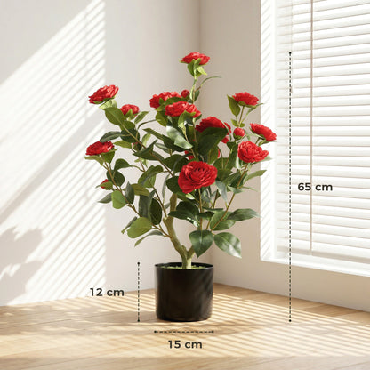 65cm Artificial Camellia Flower Plant in Pot with 116 Lush Leaves & Moss Effect, Red