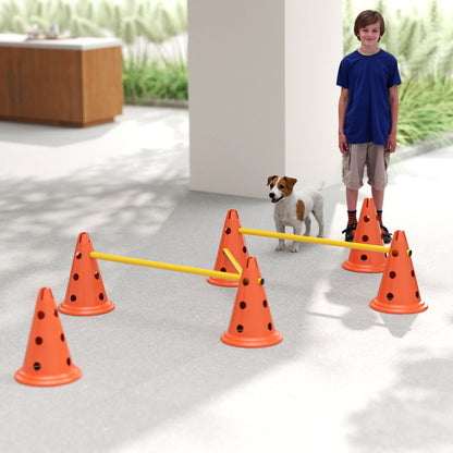 Dog Agility Equipment Set of Six Cones, Six Poles with Carry Bag, Three-Piece Adjustable Height Jumping Obstacles Orange