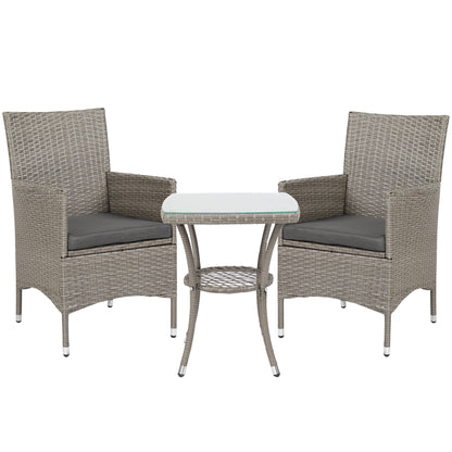 3 Pieces Rattan Bistro Set, Wicker Garden Furniture Set with 2-Tier Coffee Table and Chairs, Washable Cushions