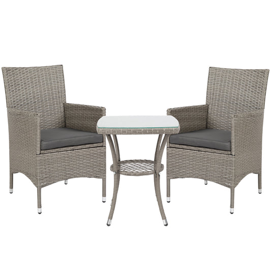 3 Pieces Rattan Bistro Set, Wicker Garden Furniture Set with 2-Tier Coffee Table and Chairs, Washable Cushions