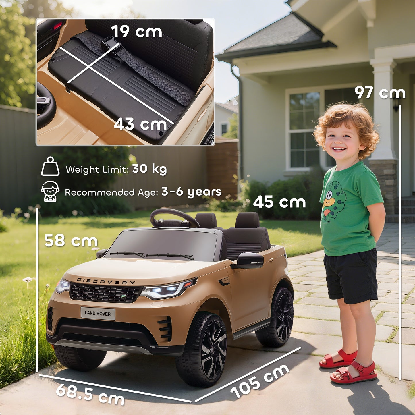 Land Rover Discovery Licensed 12V Kids Electric Car with Remote, 4 Wheel Suspension, Slow Start, Lights, Music, Khaki