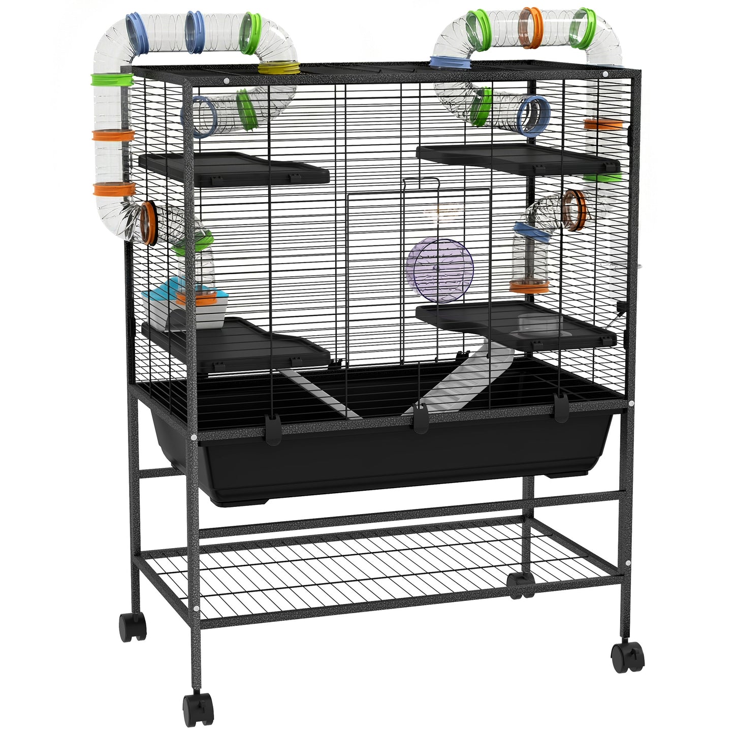 Large Hamster Cage, Gerbil Cage with Tubes, Storage Shelf, Ramps, Platforms, Running Wheel - Black
