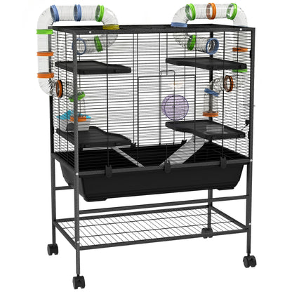 Large Hamster Cage, Gerbil Cage with Tubes, Storage Shelf, Ramps, Platforms, Running Wheel - Black