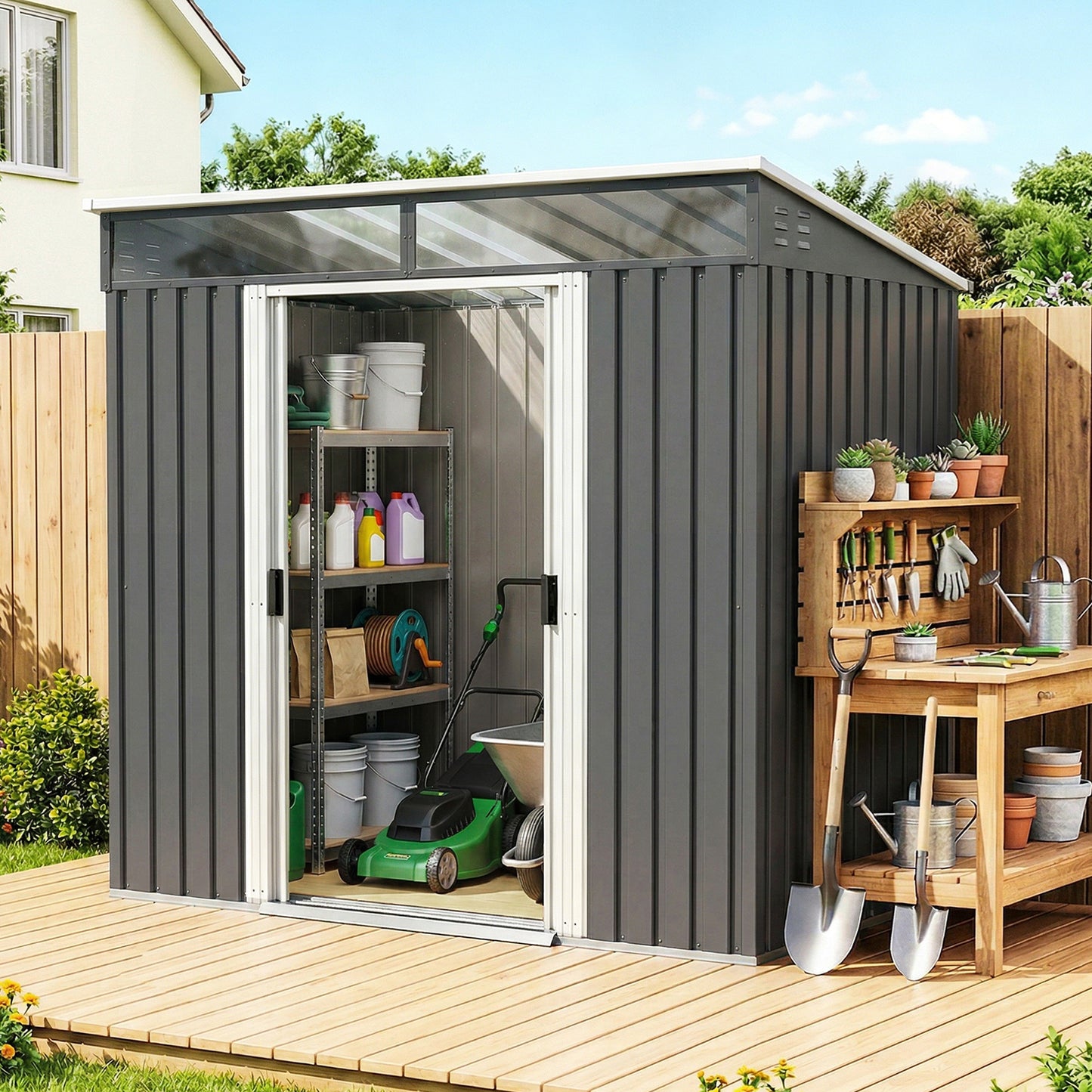 6.5 x 4FT Galvanised Metal Shed with Foundation Kit, Lockable Tool Garden Shed with Double Sliding Doors, Vents, Grey