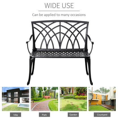 2-Seater Cast Aluminium Garden Bench Loveseat Outdoor Furniture Chair w/ Decorative Backrest & Ergonomic Armrest for Patio Te