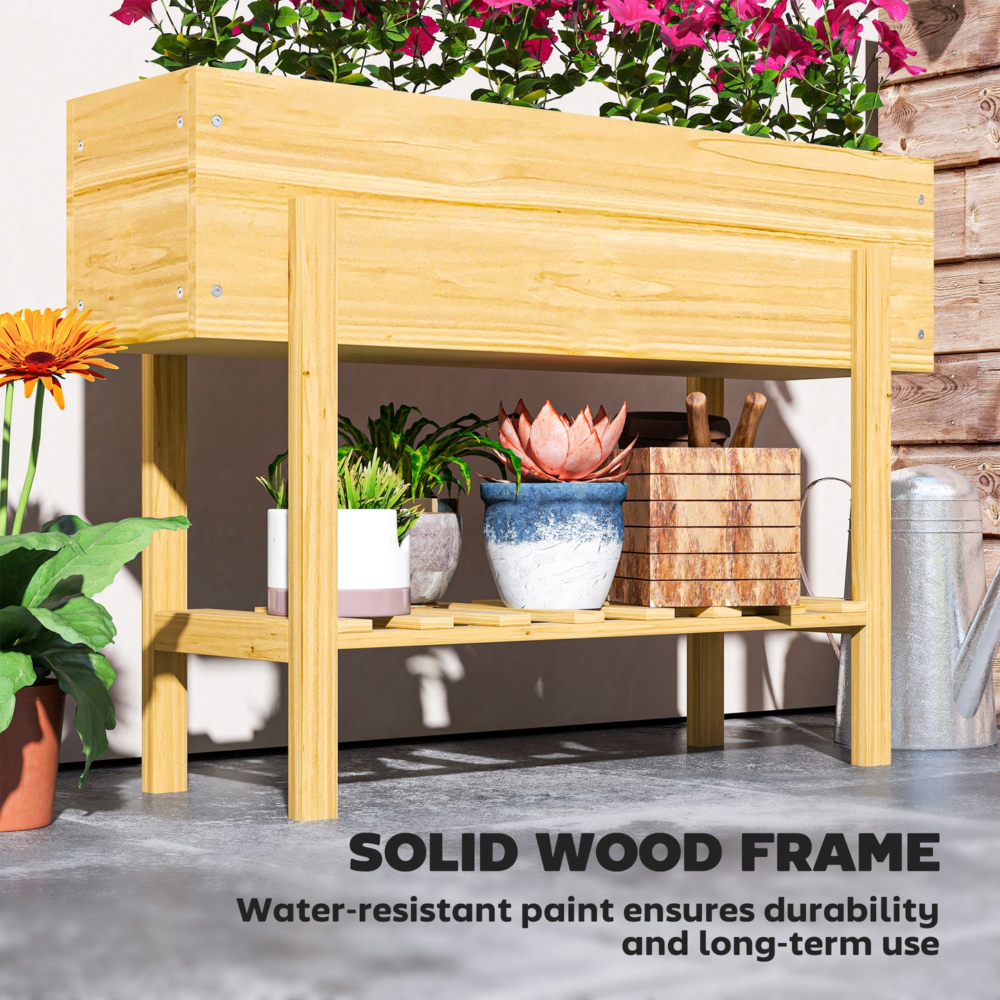 Wooden Raised Garden Bed, Elevated Planter Box with Bed Liner, Drainage Holes and Storage Shelf