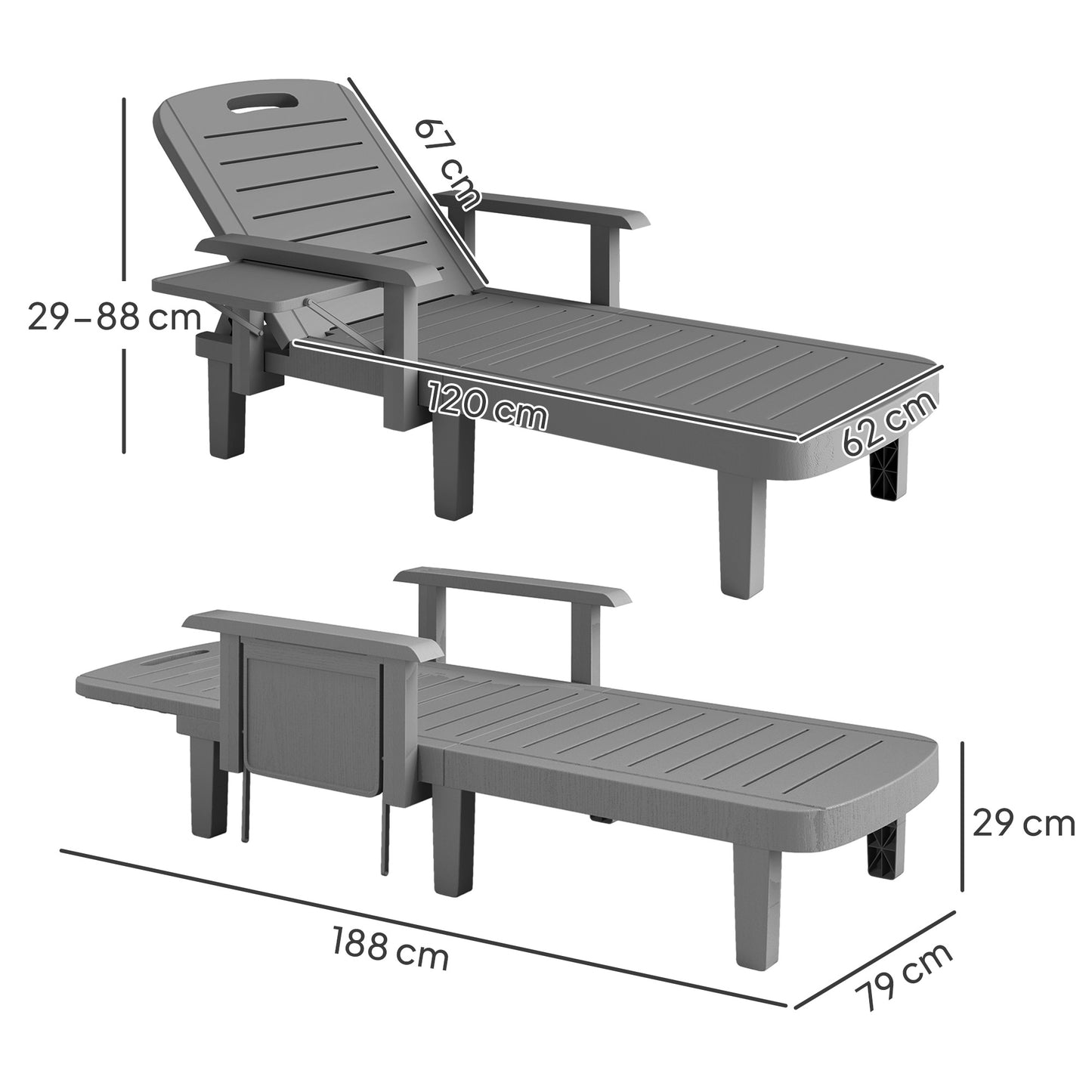 Set of 2 Reclining Sun Loungers, 5 Positions Adjustable Outdoor Chaise Lounge Chair with Armrests, Dark Grey