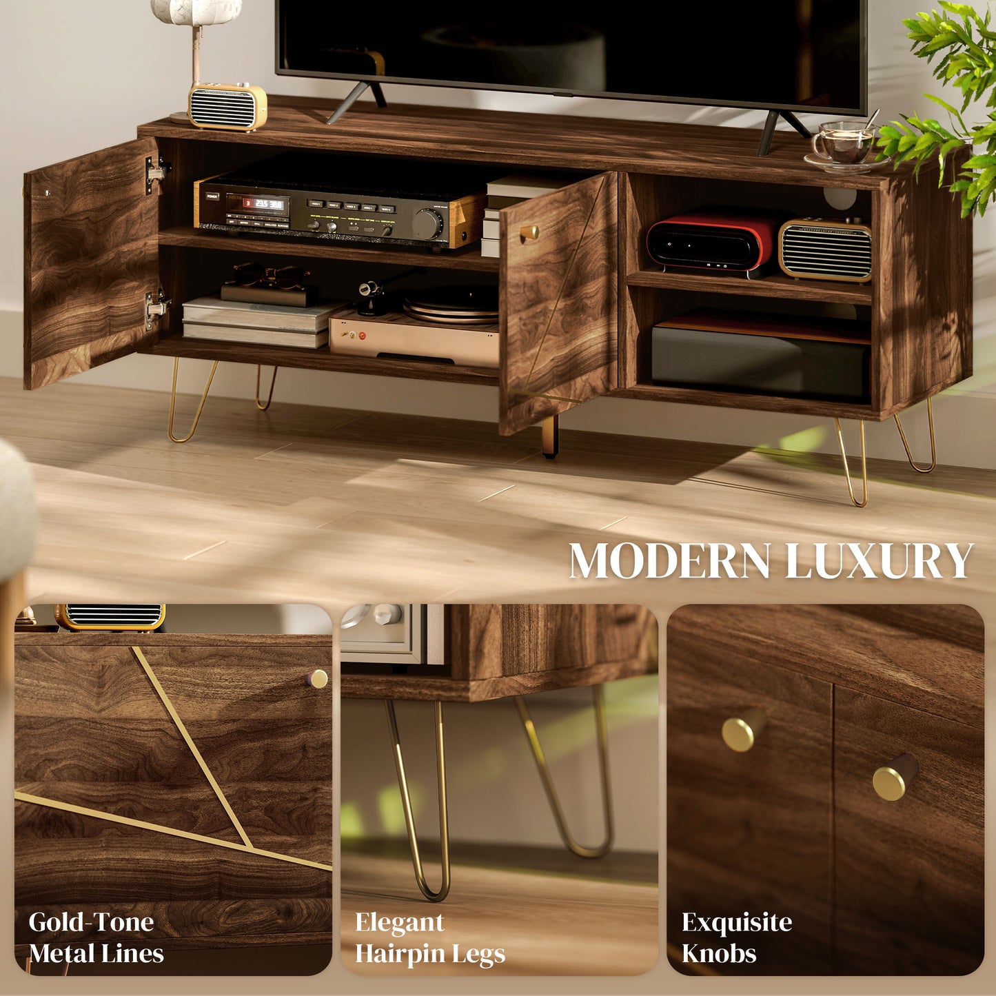 TV Stand Cabinet for up to 60 Inch TV, Modern 130cm TV Unit with Adjustable Shelves and Hairpin Legs