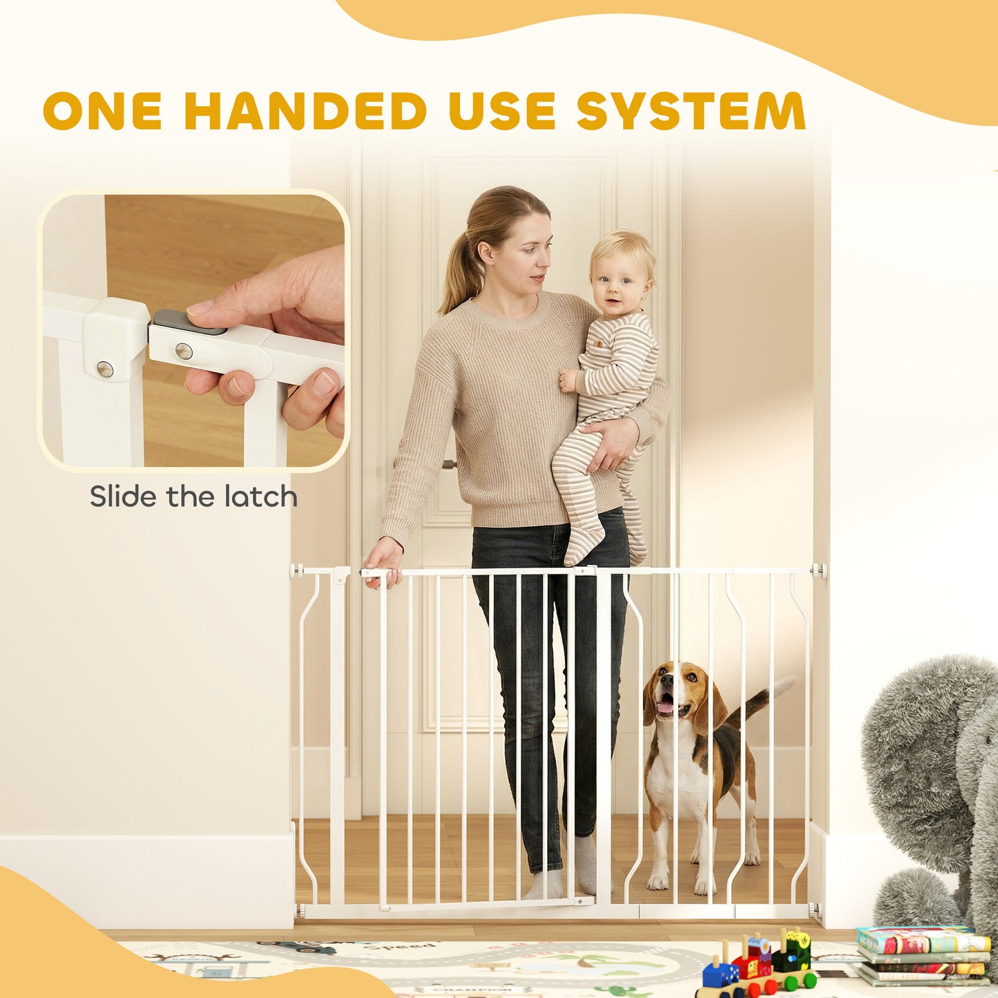 Wide Dog Safety Gate, with Door Pressure, for Doorways, Hallways, Staircases - White