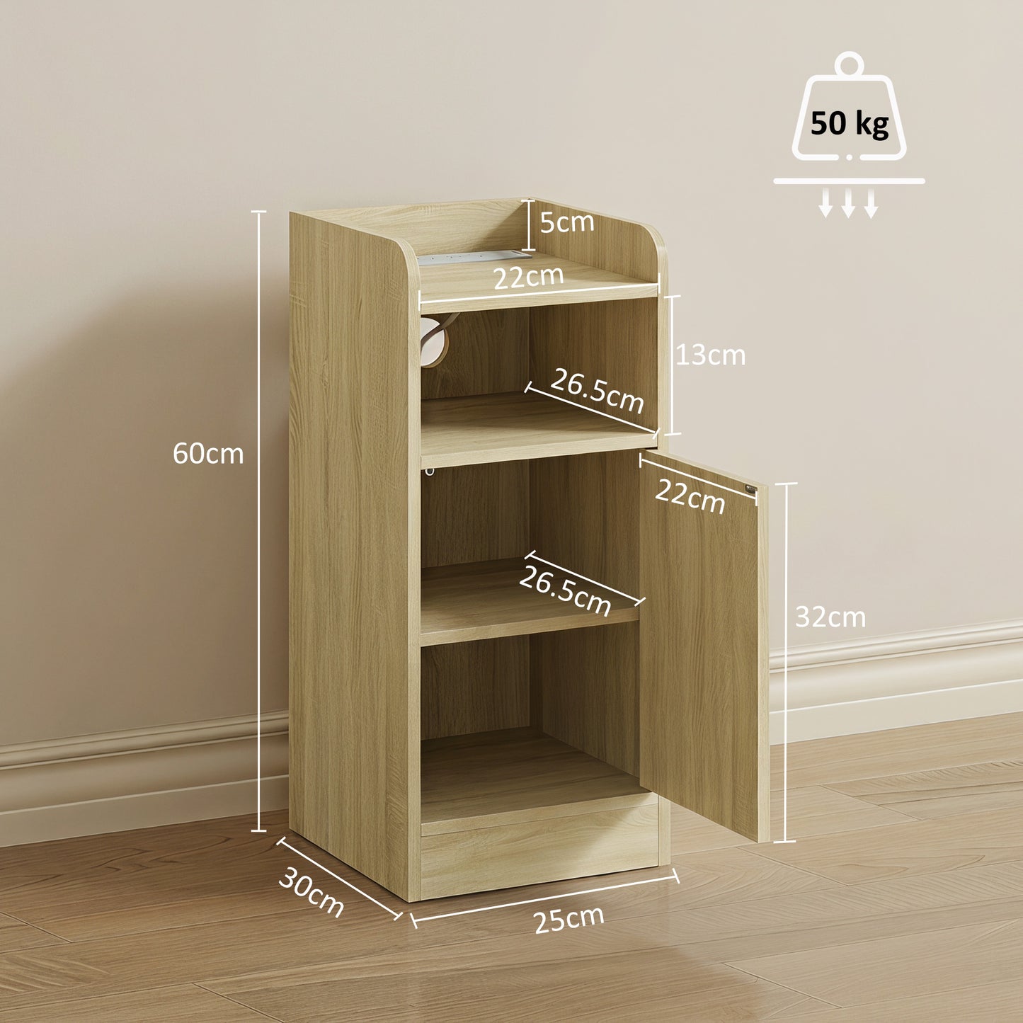 Slim Bedside Table Set of 2 with Charging Station, Narrow Bedside Cabinet with Adjustable Shelf, Oak
