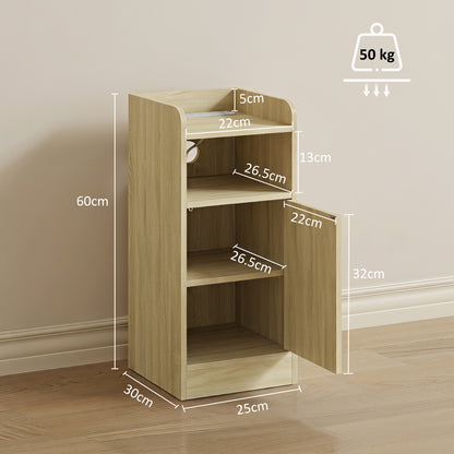 Slim Bedside Table Set of 2 with Charging Station, Narrow Bedside Cabinet with Adjustable Shelf, Oak