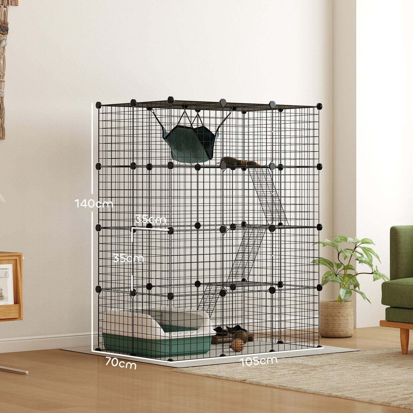 Four-Tier DIY Large Cat Cage with Hammock, Ramps, Five Doors, Indoor Use for 1-3 Cats, Black