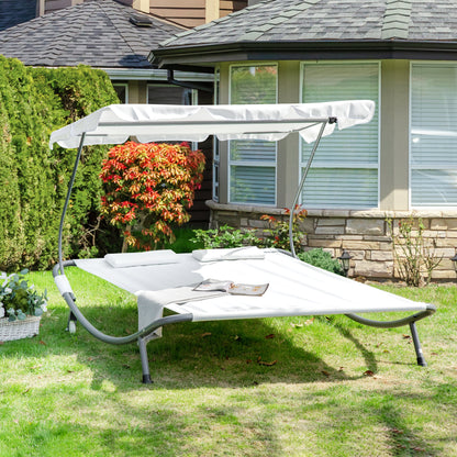 Double Sun Lounger with Adjustable Detachable Canopy, Portable Garden Daybed for 2 with Wheels, Outdoor Sunbed Hammock