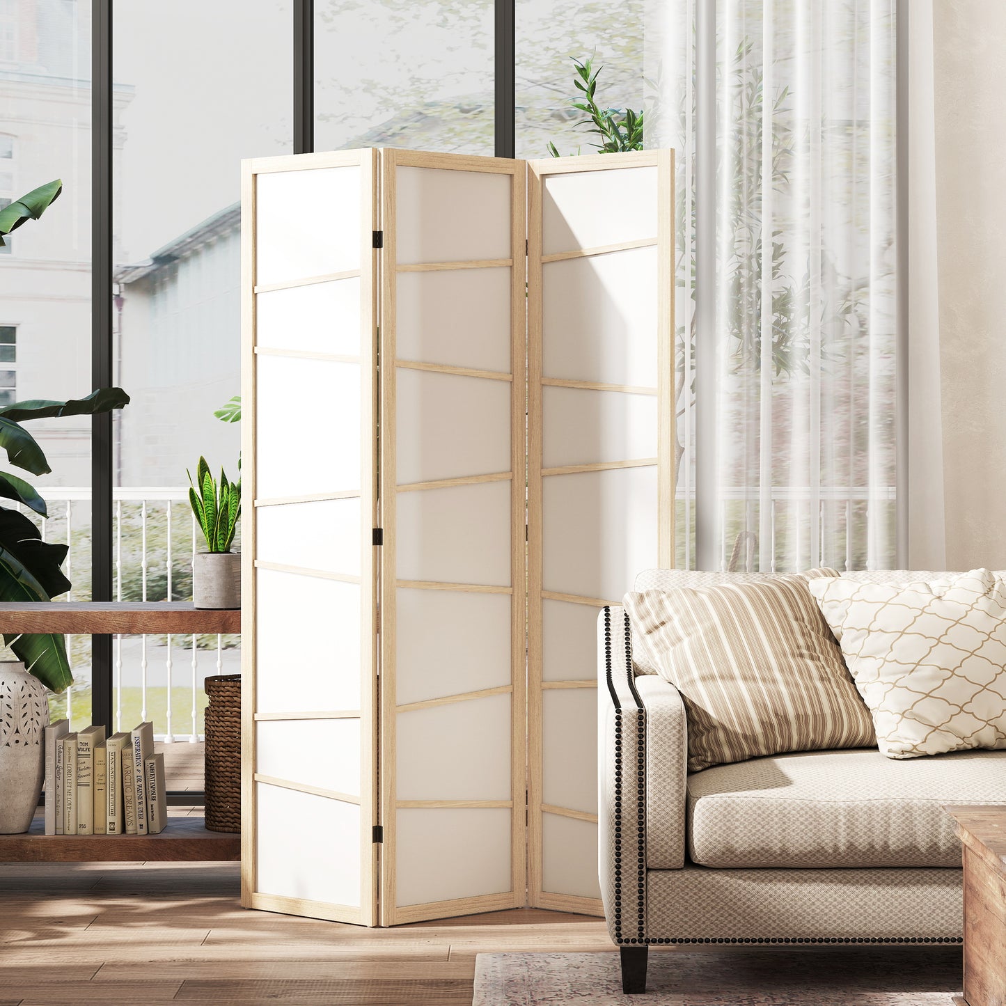 Wooden Folding Privacy Screen, 3 Panel Room Divider for Bedroom, Natural Wood Finish