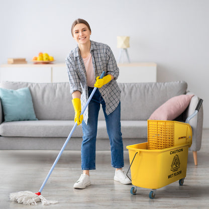 Mop Bucket with Wringer Set on Wheels for Floor Cleaning, 20 Litre Side Press Wringer with Handle and Mop, Yellow