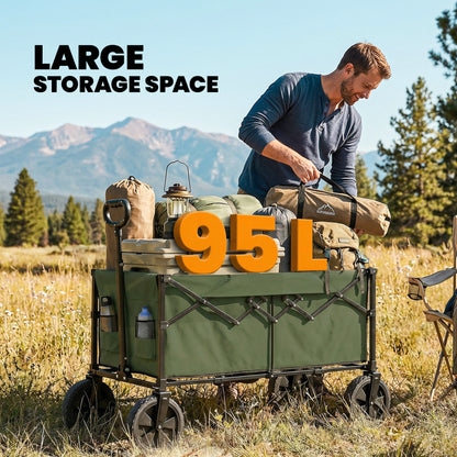 95L Foldable Festival Trolley on Wheels, Collapsible Wagon Cart with Adjustable Handle and 2 Cup Holders, Dark Green