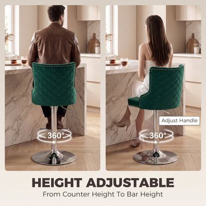 Bar Stools Set of 2, Modern Swivel & Adjustable Velvet Barstools with Button-Tufted Back, Footrest for Home Bar, Green