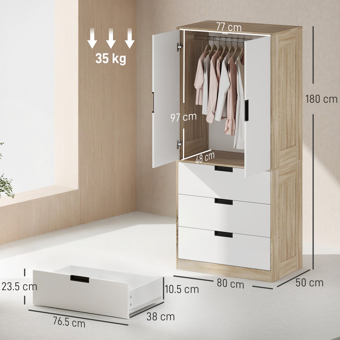 Modern Clothes Storage Cupboard Unit, 3 Drawer 2 Door Wardrobe with Hanging Rod, Oak