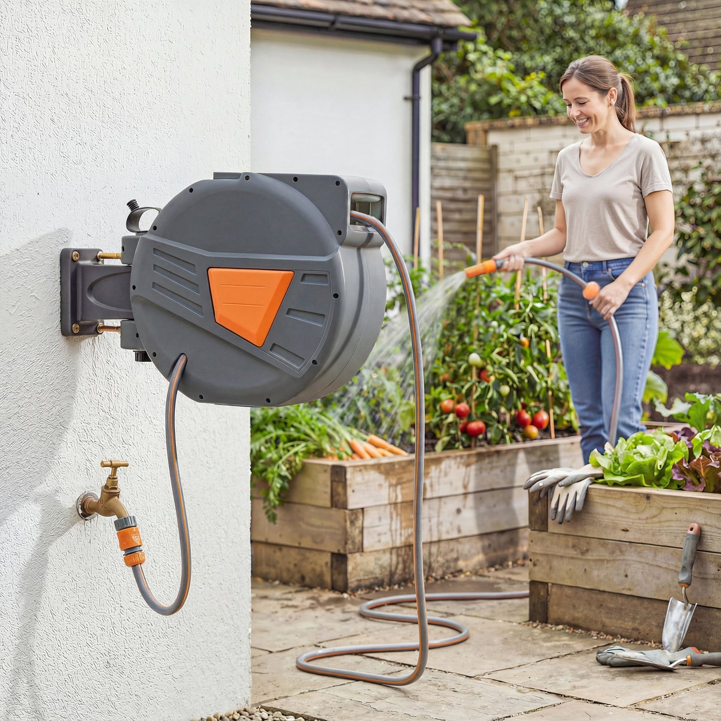 Retractable Hose Reel Wall Mounted, 30+2m Garden Hose Pipe Reel with Auto Retraction, Self-Locking, Orange
