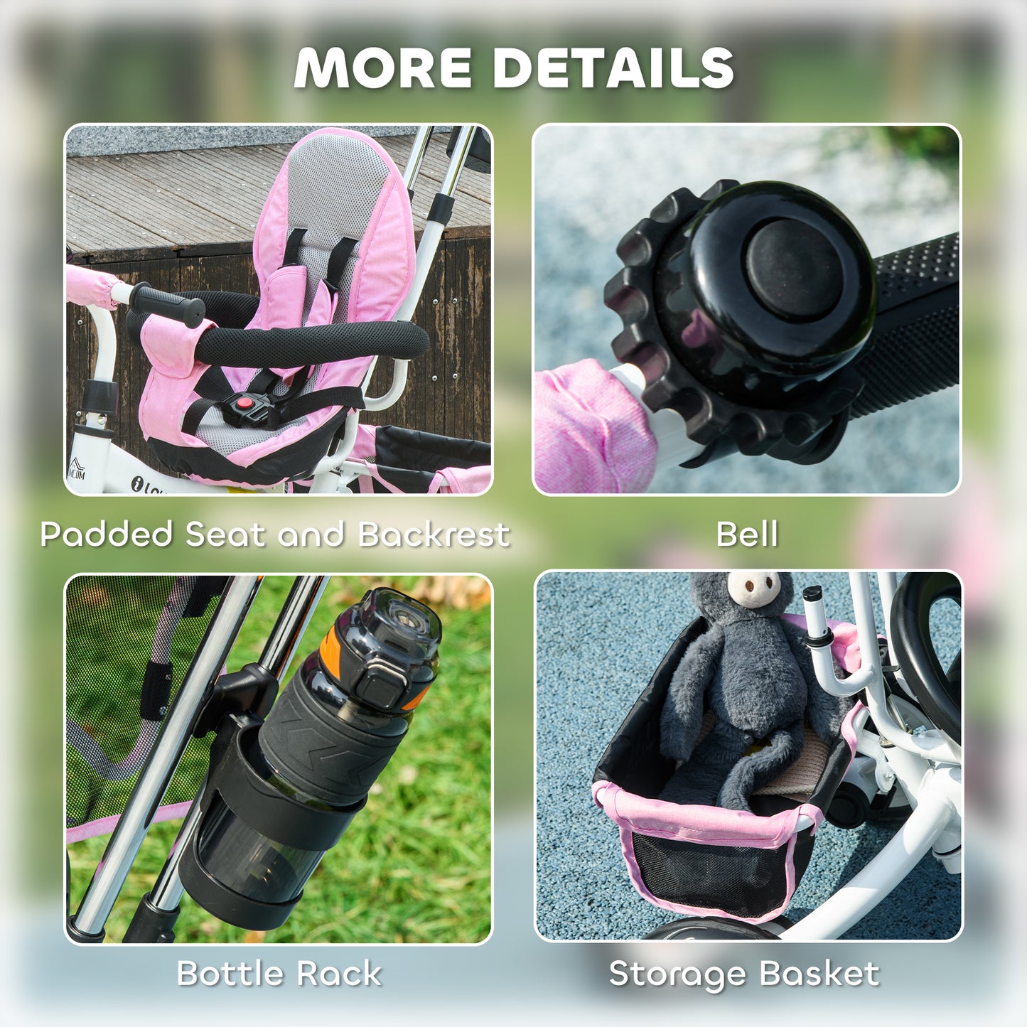 6 in 1 Kids Trike Push Bike w/ Push Handle, Canopy, 5-point Seat Belt, Storage, Footrest, Brake, for 1-5 Years, Pink