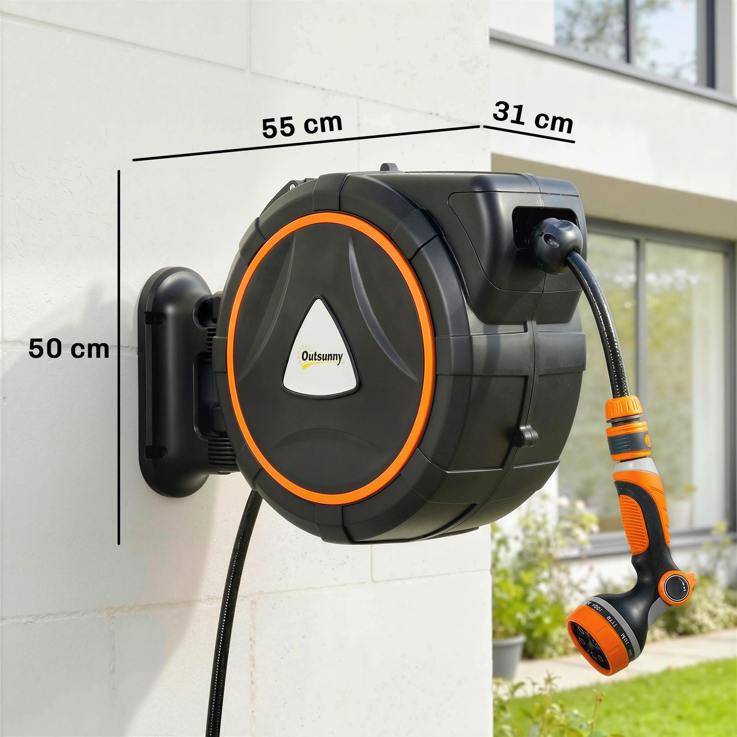 28+2m Retractable Hose Reel Wall Mounted with Auto Retraction, Self-Locking, Slow Return System, 12-Pattern Nozzles
